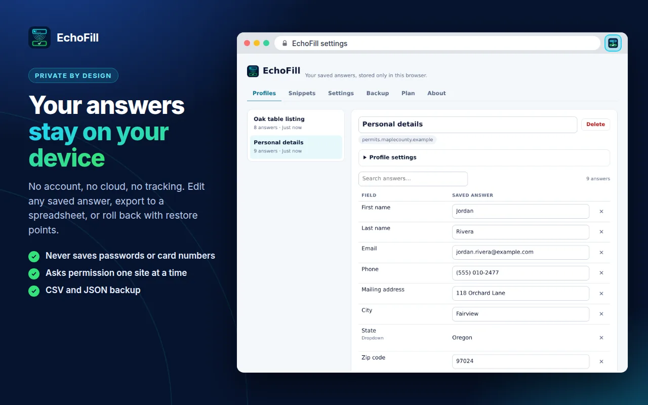 EchoFill privacy settings showing data kept on device